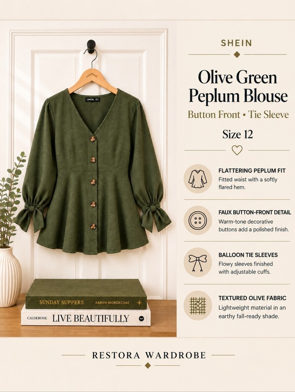SHEIN Olive Green Peplum Blouse Button Front Balloon Sleeve Boho 12
